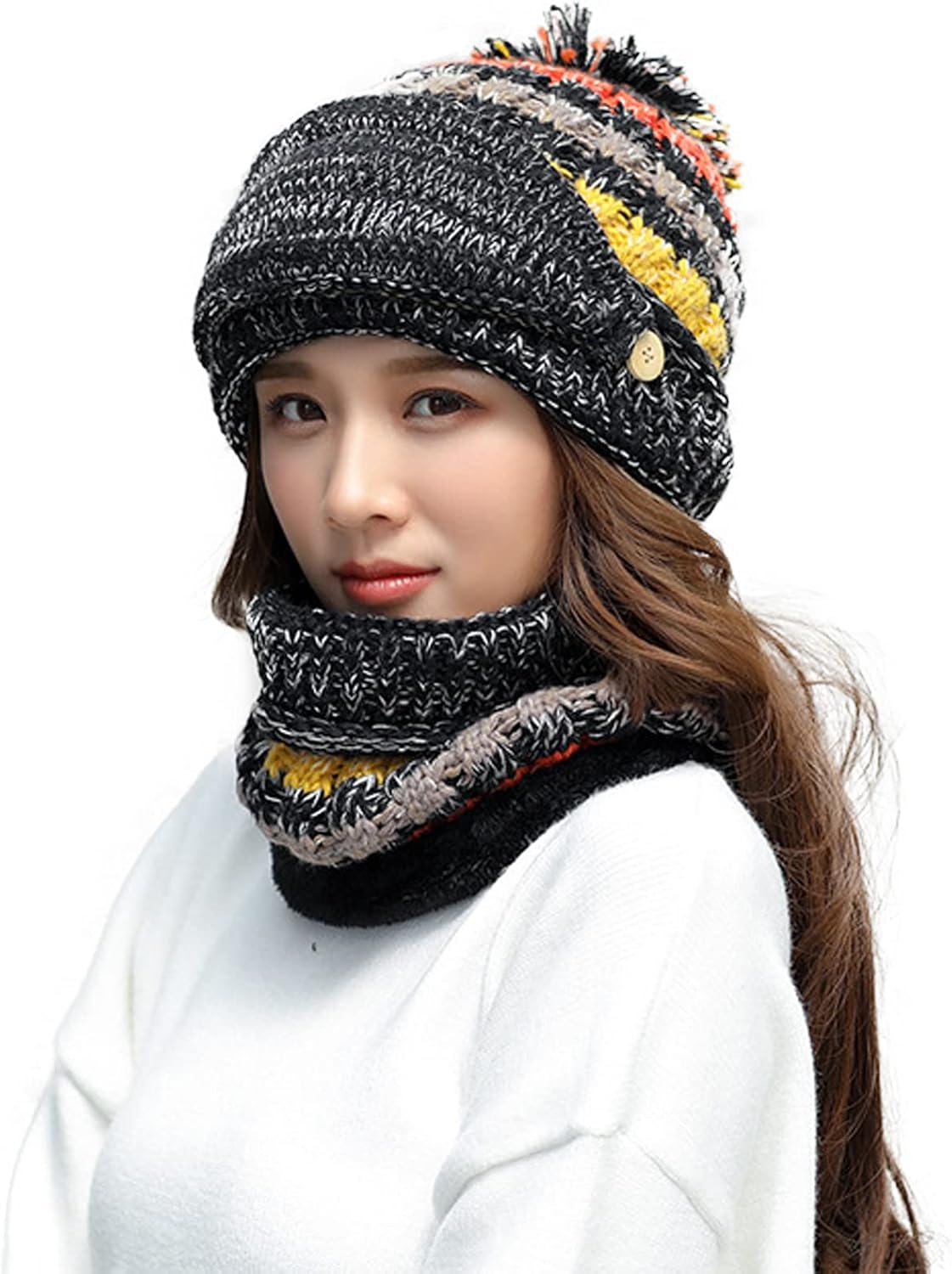 Ypser Women's Winter Warm Knitted Crochet Hat Fleece Lined Cable Faux Fur Pom Pom Beanie Hat Skull Cap