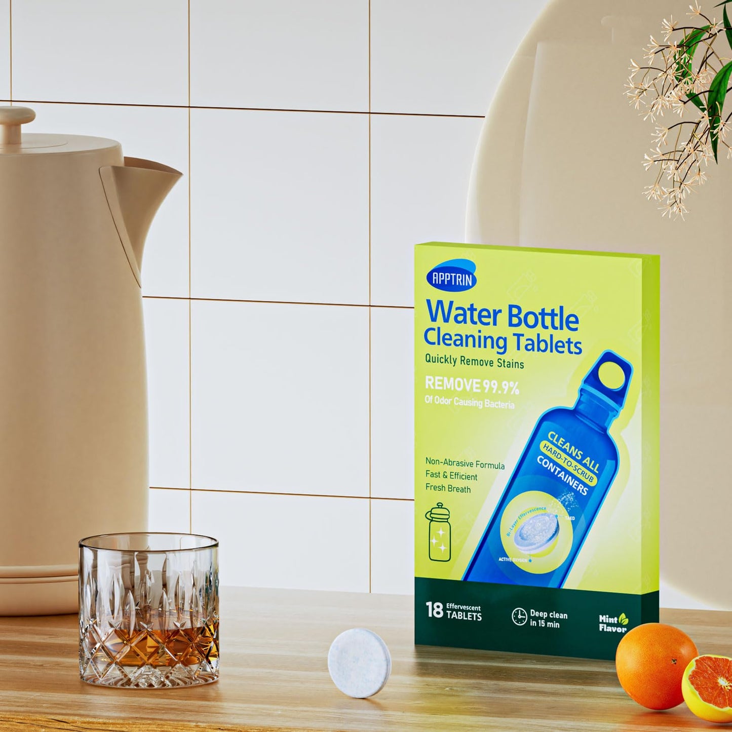 apptrin Water Bottle Cleaning Tablets, 18 Pack Bottle Clean Tablet Hydration Bladder Cleansing Tablets for Hydration Bladder, Water Bottle, Individually Packed, Mint Flavor