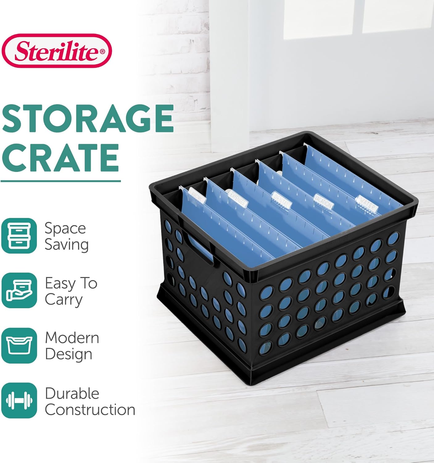 Sterilite Stackable Plastic Storage Crate Bin Organizer File Box with Handles for Home, Office, Dorm, Garage, or Utility Organization, Black, 6-Pack