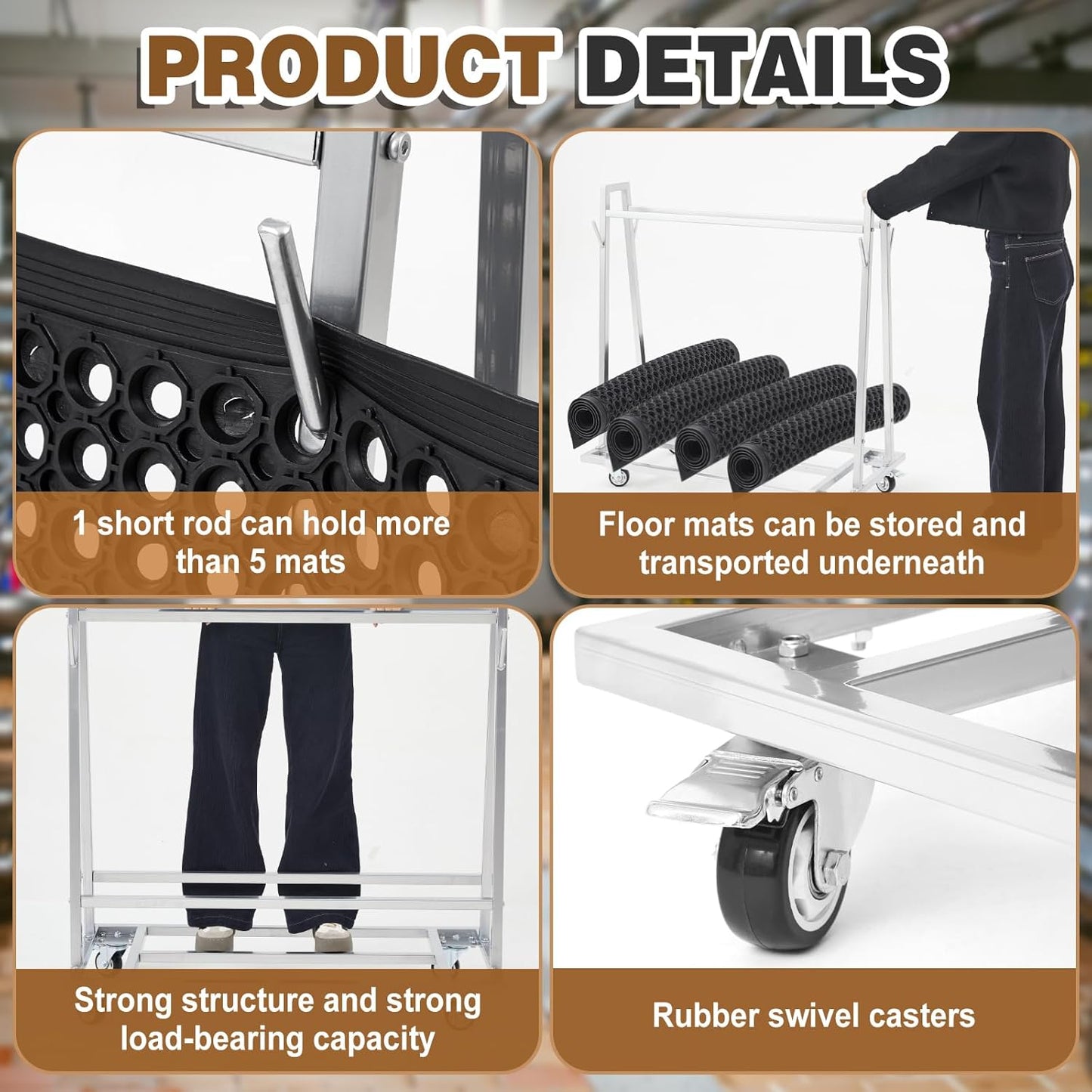 Portamat Transporter & Wash Rack Wash Rack and Mat Transporter Capacity Silver Steel Floor Mat Cart 42" L x 28" W x 40" H