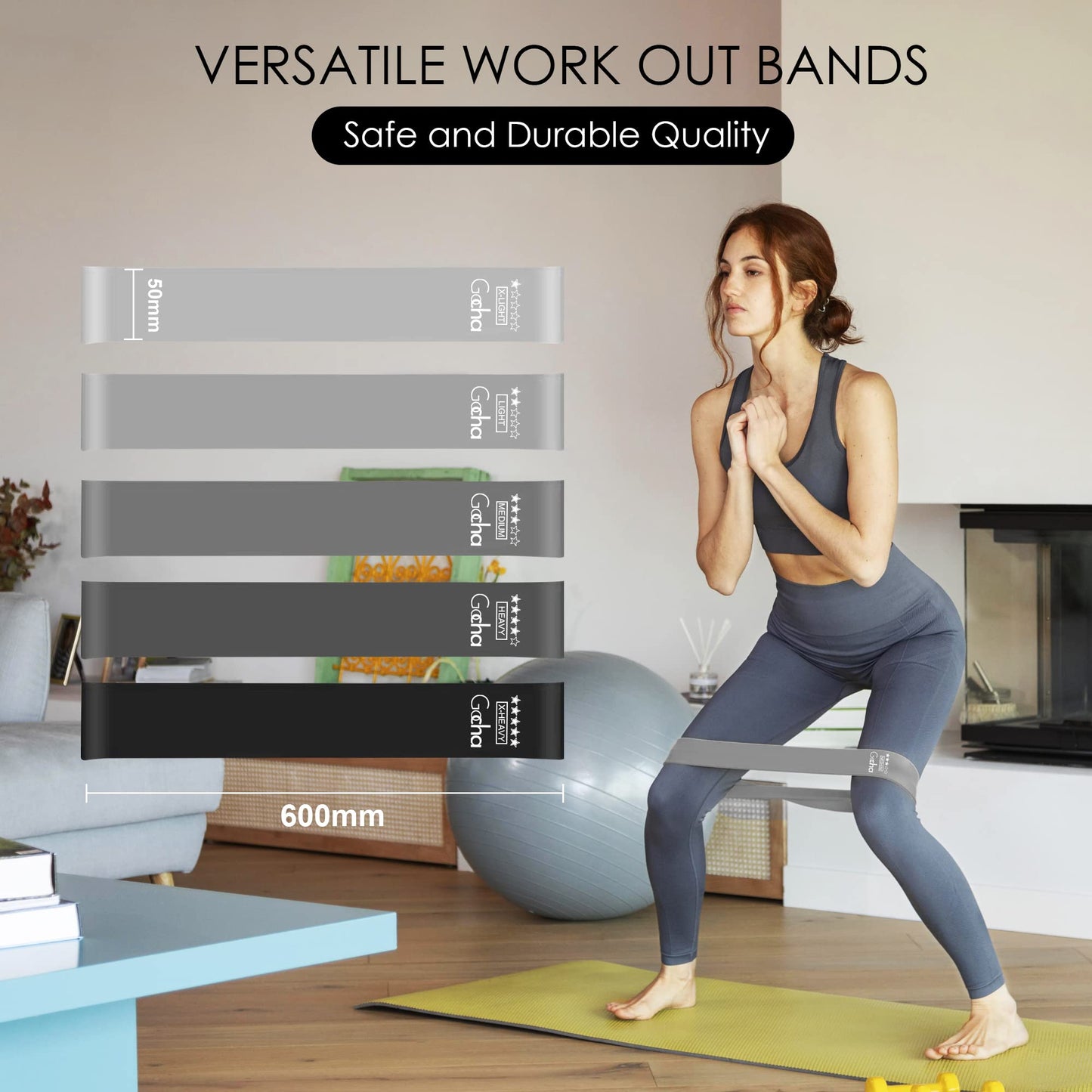 GOCHA Resistance Bands Set (5 Pack) - Premium Natural Latex Loop Bands for Strength Training, Home Workouts, Physical Therapy, Yoga - Exercise Bands with Carry Bag (X-Light to X-Heavy) - Black