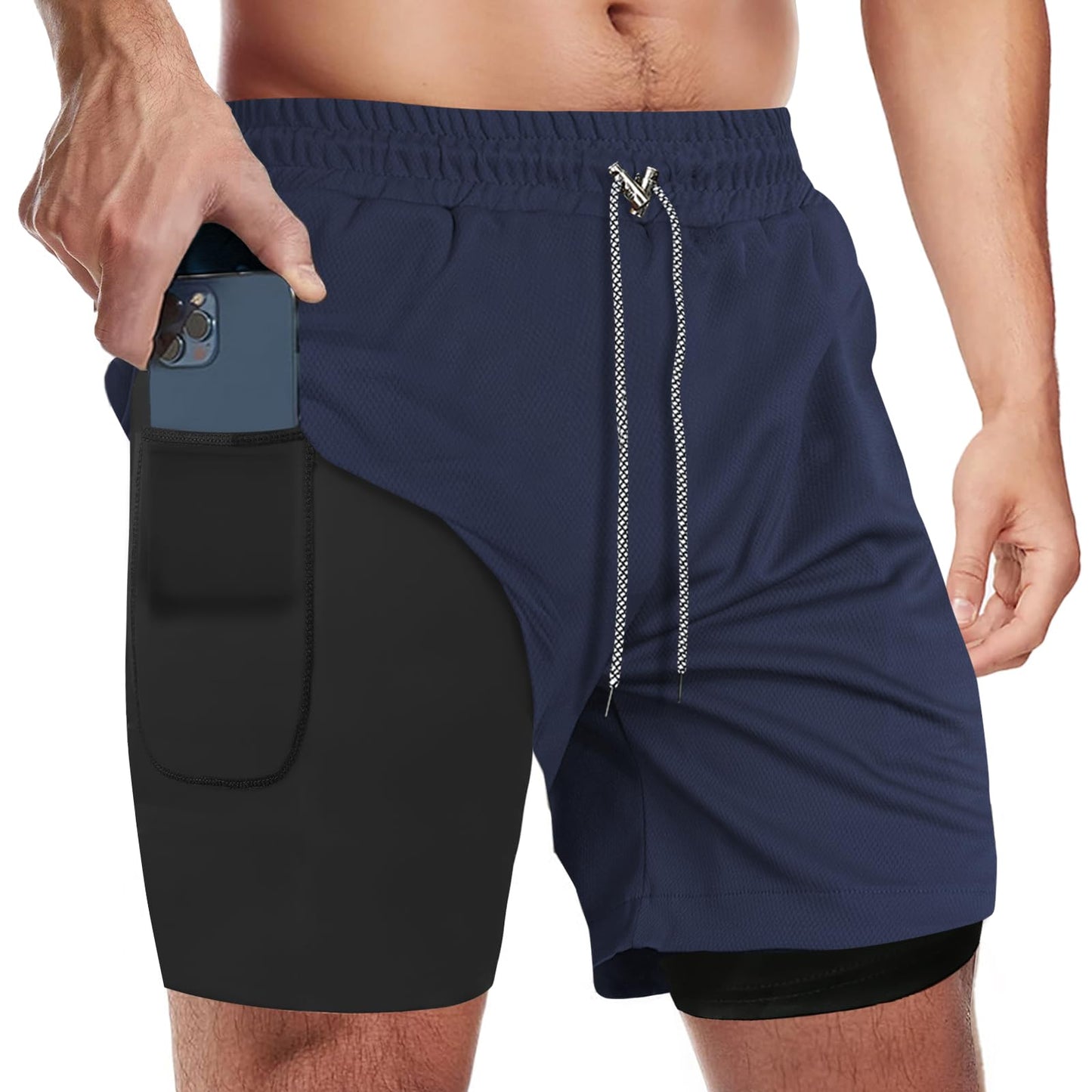 candyfouse Men's 2 in 1 Running Shorts, Quick Dry Workout Shorts with Liner, Athletic Shorts with Zip Pockets and Towel Loop Navy Blue