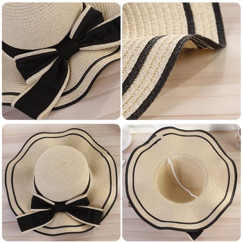 Women's Wide Brim Straw Hat, Summer Beach Sun Protection Hat with Bowknot (Khaki)