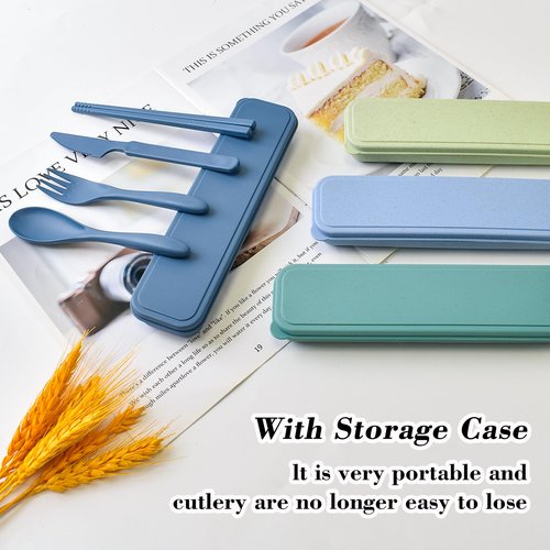 Reusable Utensils With Case, 4 Portable Travel Cutlery Sets, Wheat Straw Flatware for Kids Adults, Camping Eating Utensils for Daily Use or Outdoor
