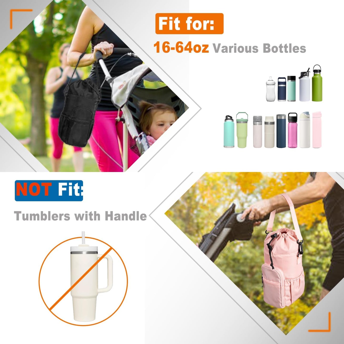 FXTBE Water Bottle Carrier with Strap and Pouch 32oz 40oz 64oz 16oz Water Bottles, Crossbody, Insulated Cooler Bag, Shoulder Sling for Walking, Black