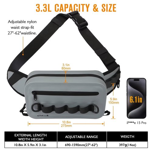 Dovesun Waterproof Fishing Fanny Pack for Men 3.3L Fly Fishing Bag Chest Pack with Airtight Zipper Grey