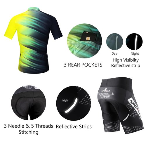 Men Cycling Clothing Set Reflective Biking Jersey with Pockets Polo Cycle Outfit Padding Shorts US L Yellow Black