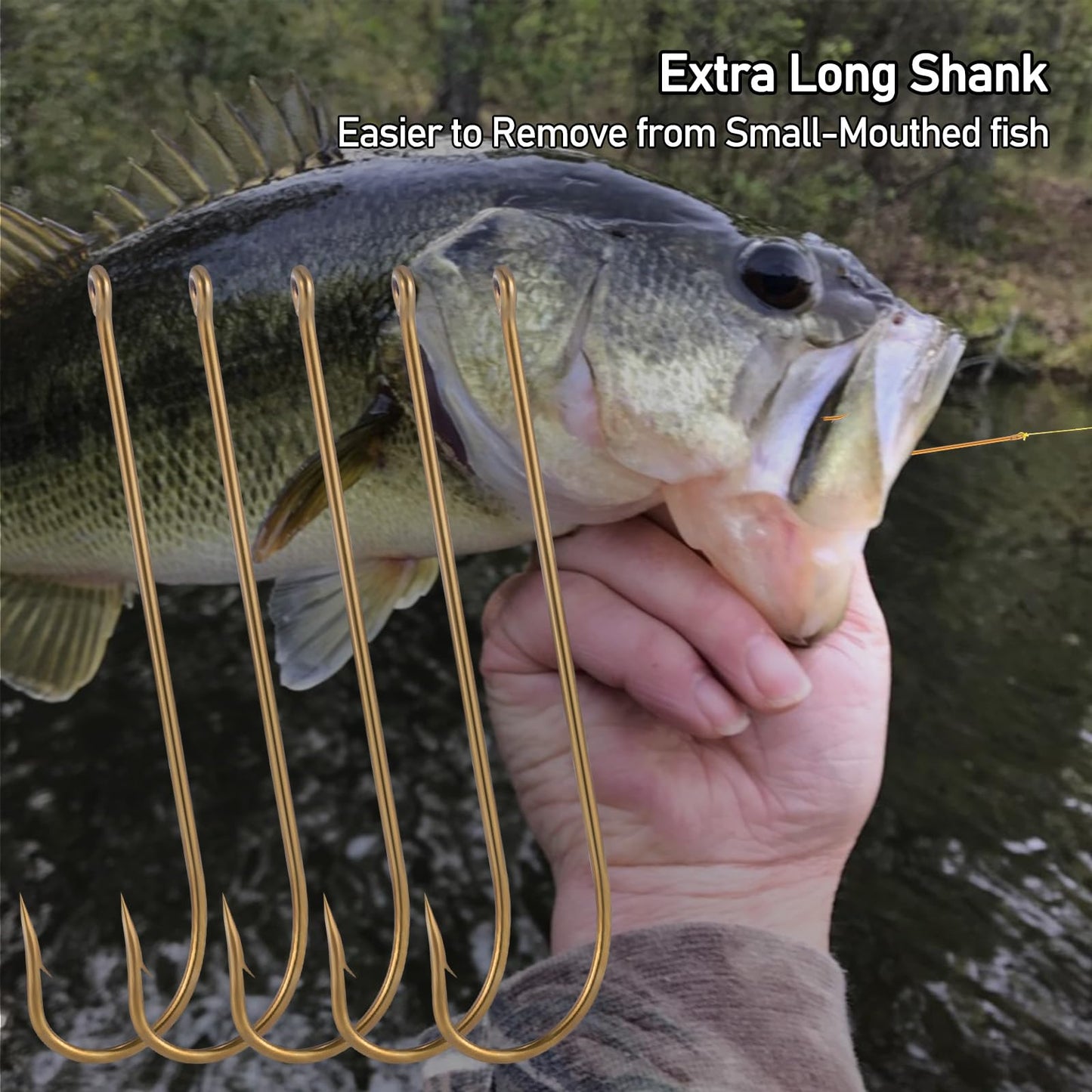 Dr.Fish 100 Pack Aberdeen Fishing Hooks Freshwater Hooks Extra Long Shank Bronze Light Wire Offset Live Bait Hooks Bass Crappie Walleye Panfish Bluegill Bream #8