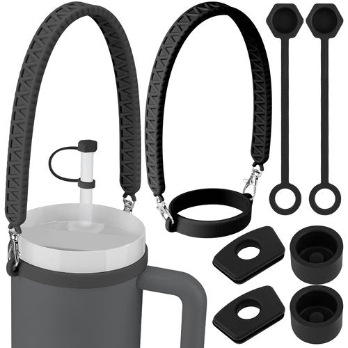 NiHome Silicone Water Bottle Handle with Anti-Spill Stopper Kit - Compatible with Stanley 1.0 & 2.0, Fits 2.7-5.12 Inch Diameter for Easy Carrying On-The-Go (Black)