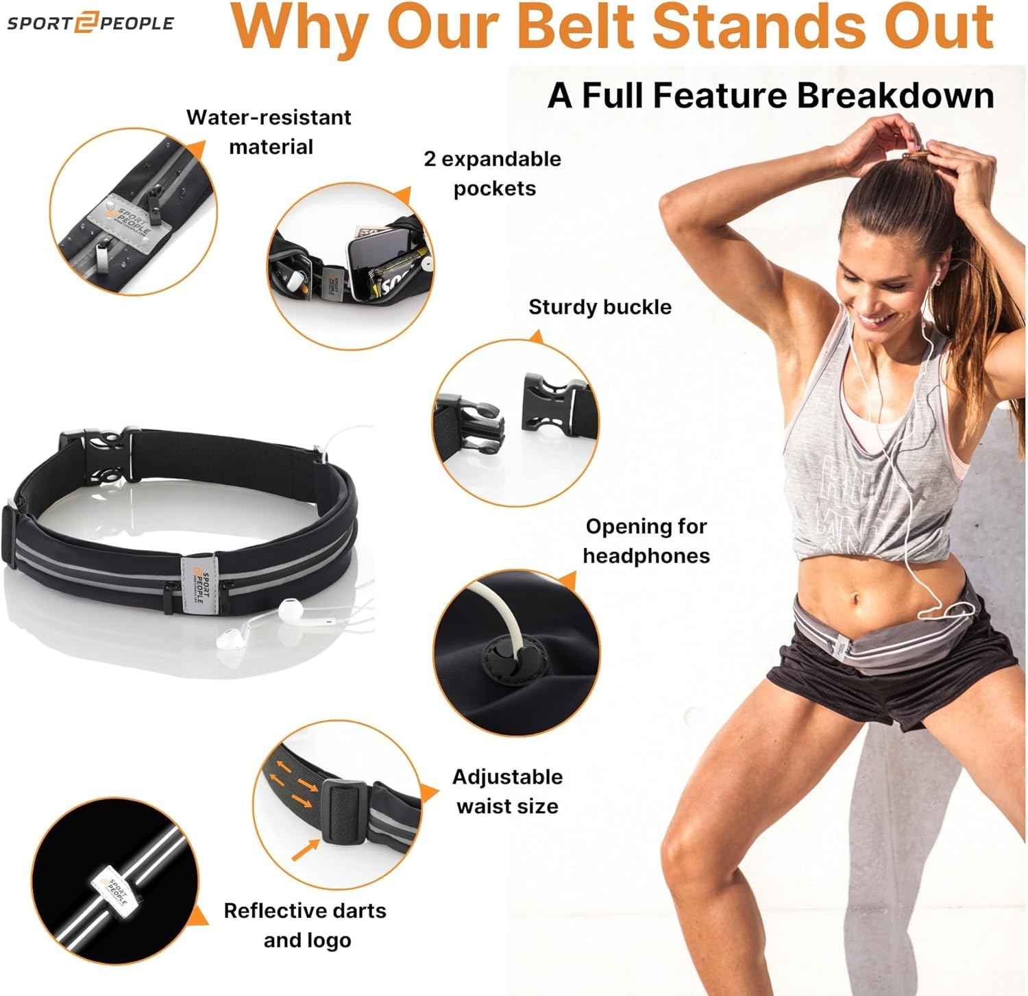 Waterproof Slim Running Belt with Reflective 2-Pocket Phone Holder for Men & Women