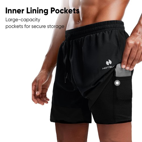 HOTSUIT Men's 2 in 1 Gym Shorts 5" Athletic Running Shorts Quick Dry for Workout with Zipper Pockets, Black, 2XL