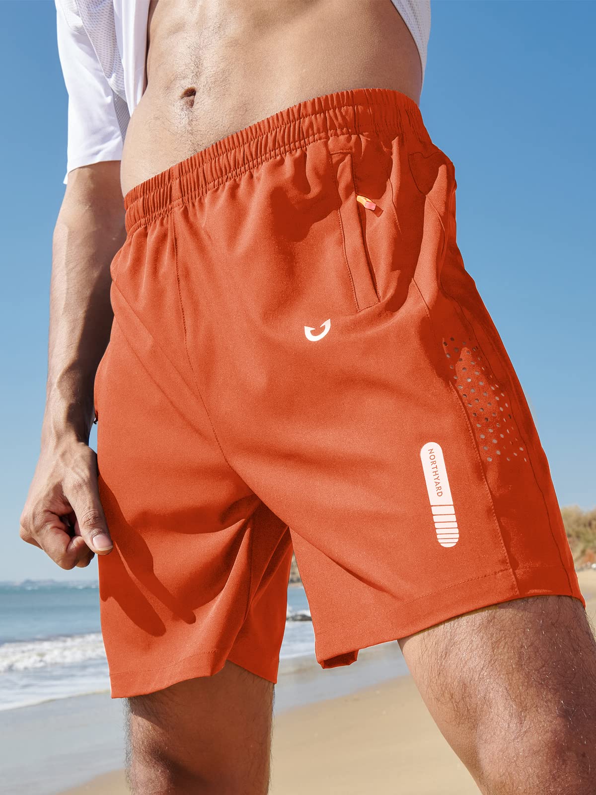 NORTHYARD Men's Athletic Running Shorts Gym Workout 7"/9"/5" Quick Dry Lightweight Sports Basketball Tennis 3 Zipper Pockets Orange 2XL