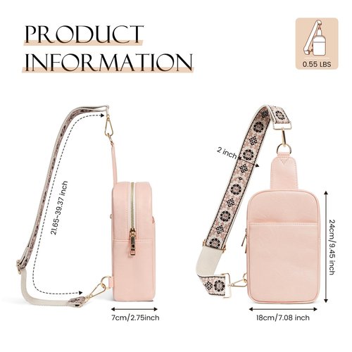 MoKo Vegan Leather Sling Bag - Small Trendy Casual Adjustable Detachable Shoulder Strap Crossbody Bags for Women and Men Daily Hiking Travel, Light Pink