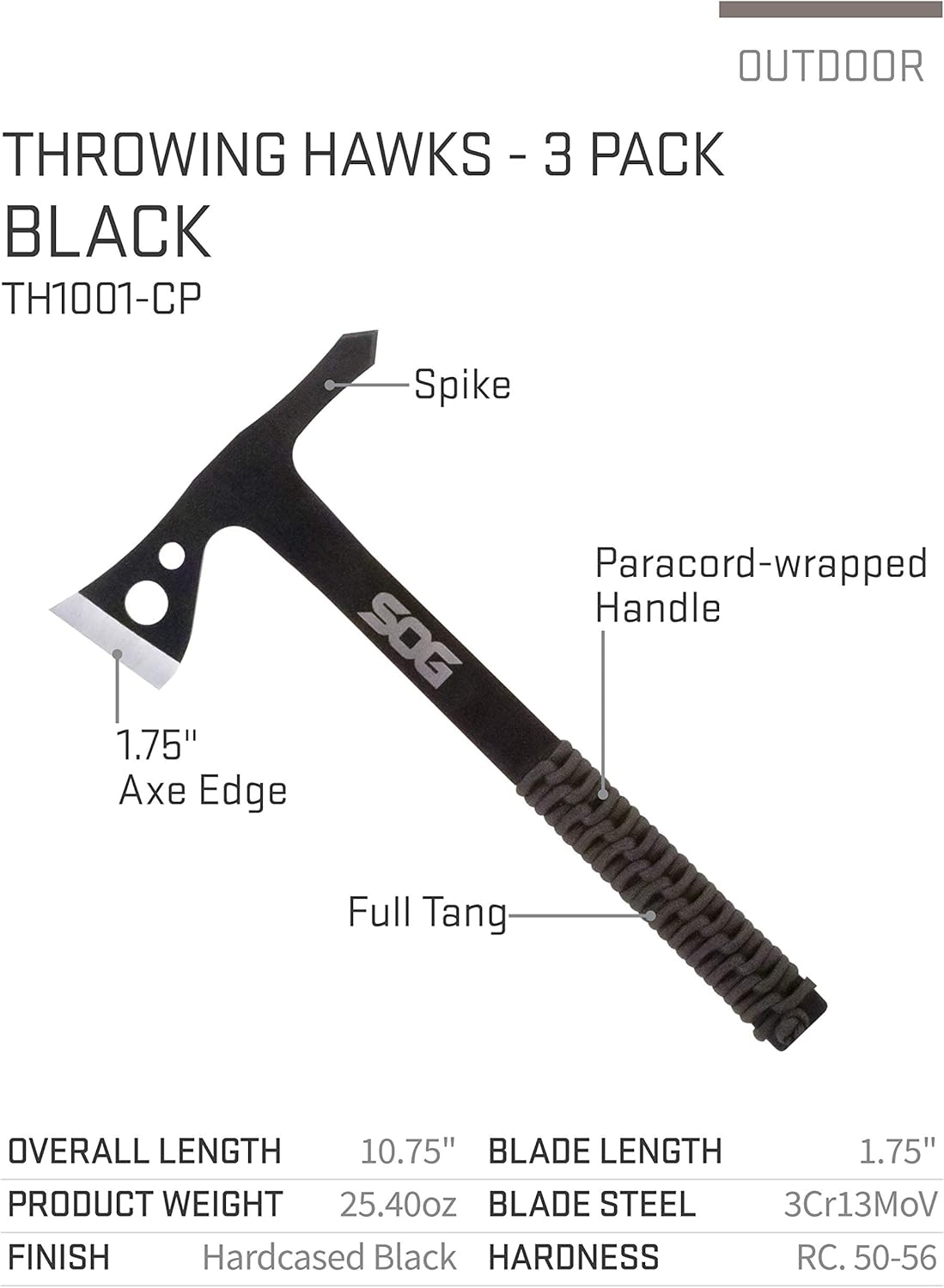 SOG Specialty Knives & Tools Throwing Hawks- 3 Pack One Piece Steel Throwing Knives with Nylon Sheath Carrying Case, 1.75 Inch Blade Field Tool with Paracord Wrapped Handles (TH1001-CP)