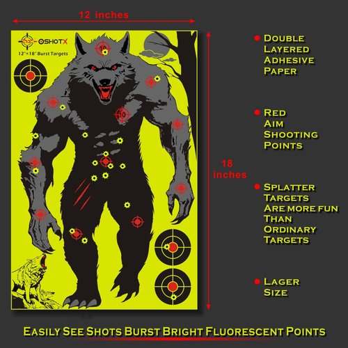 OSHOTX Werewolf Shooting Targets- 12 x18 inch - Reactive Silhouette Splatter Target Paper for Range - Easily See Shots Burst Bright Yellow Points (10 Pack)