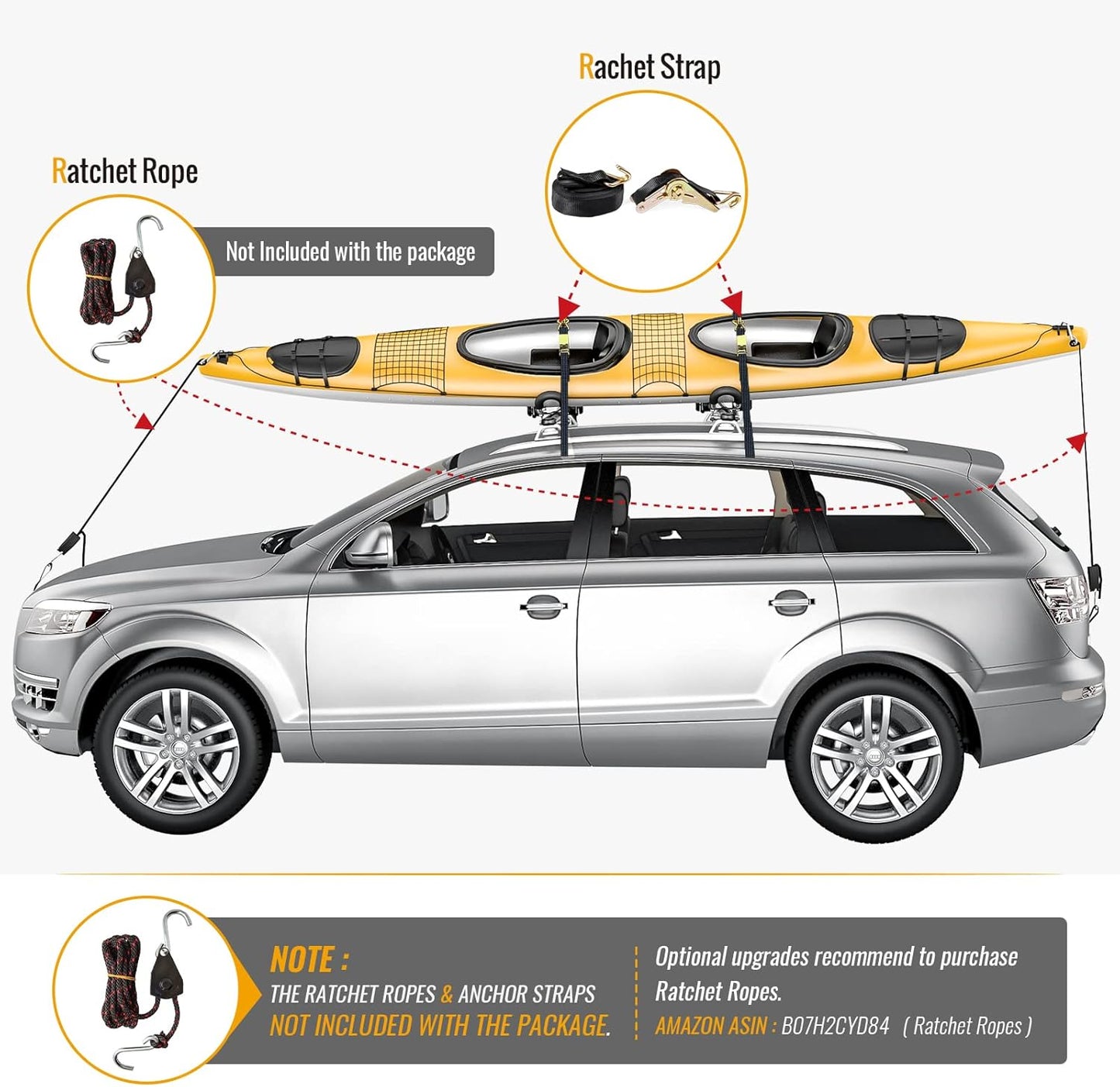 AA-Racks J-Bar Rack Roof Top Mount with 16 Ft Ratchet Lashing Straps, Folding Carrier for Your Canoe, SUP and Kayaks on SUV Car Truck