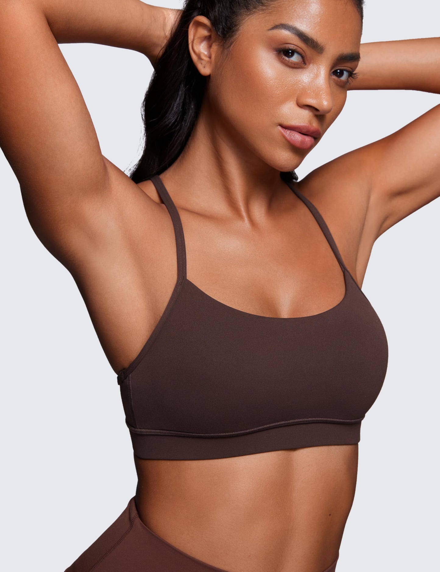 CRZ YOGA Butterluxe Y Back Sports Bras for Women - Padded Racerback Low Impact Spaghetti Thin Strap Workout Yoga Top Hot Fudge Brown Large