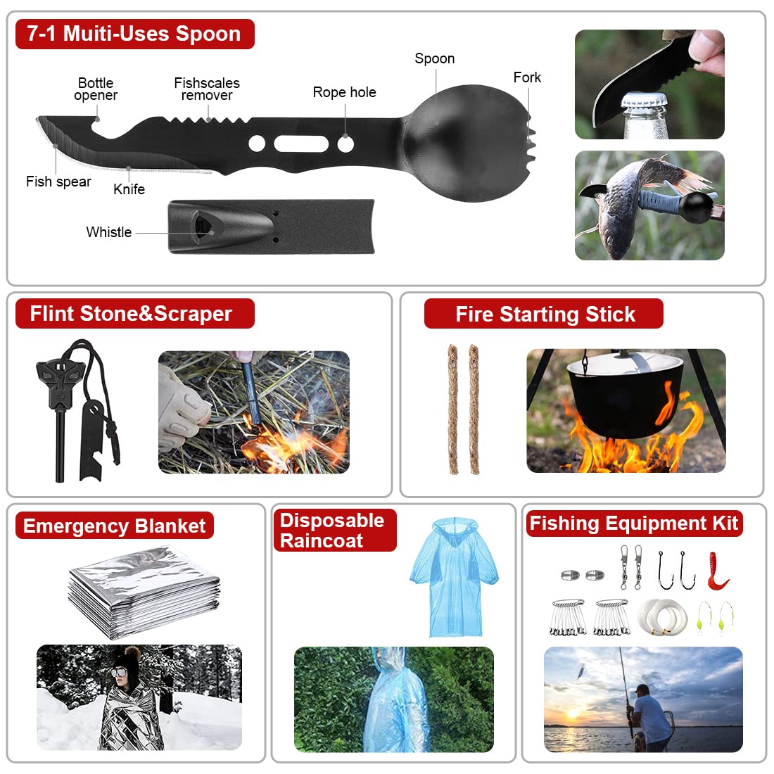 Survival Kit,222 PCS Emergency Survival Gear First Aid Kit with Molle System Compatible Bag Outdoor Camping Gear Emergency Kit for Hunting,Hiking,Fishing, Gifts for Men Women