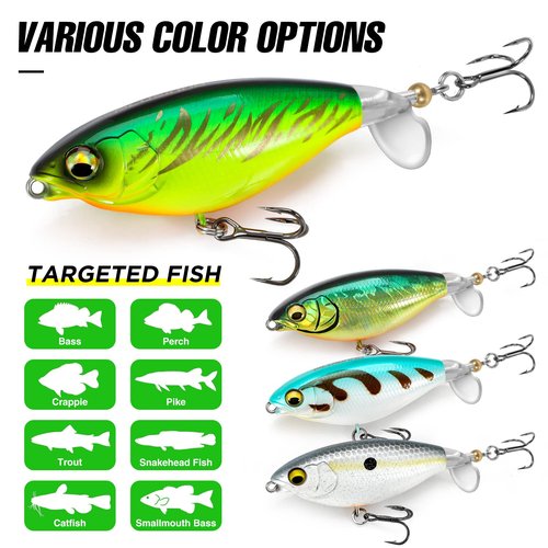 PLUSINNO 4PCS Top Water Fishing Lures for Bass Trout Pike Perch, Plopper Lures with Propeller Tail, Whopper Floating Lure for Freshwater Saltwater