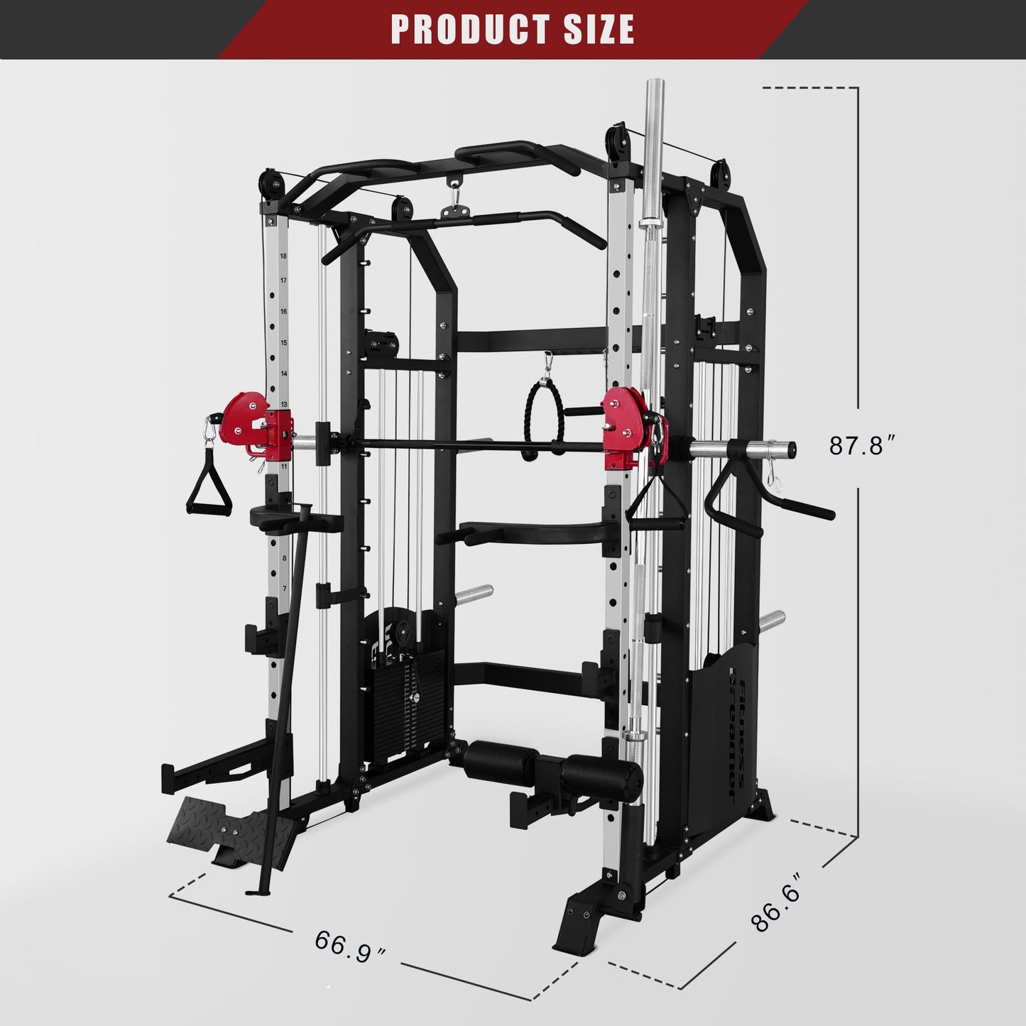 Fitness Dreamer All-in- One Strength Training Smith Cage, Squat Rack, Leg Hold-Down, LAT Pull-Down, 440 lbs Weight Stack for Home Gyms, Red, 86.61″Lx66.93″Wx87.80″H