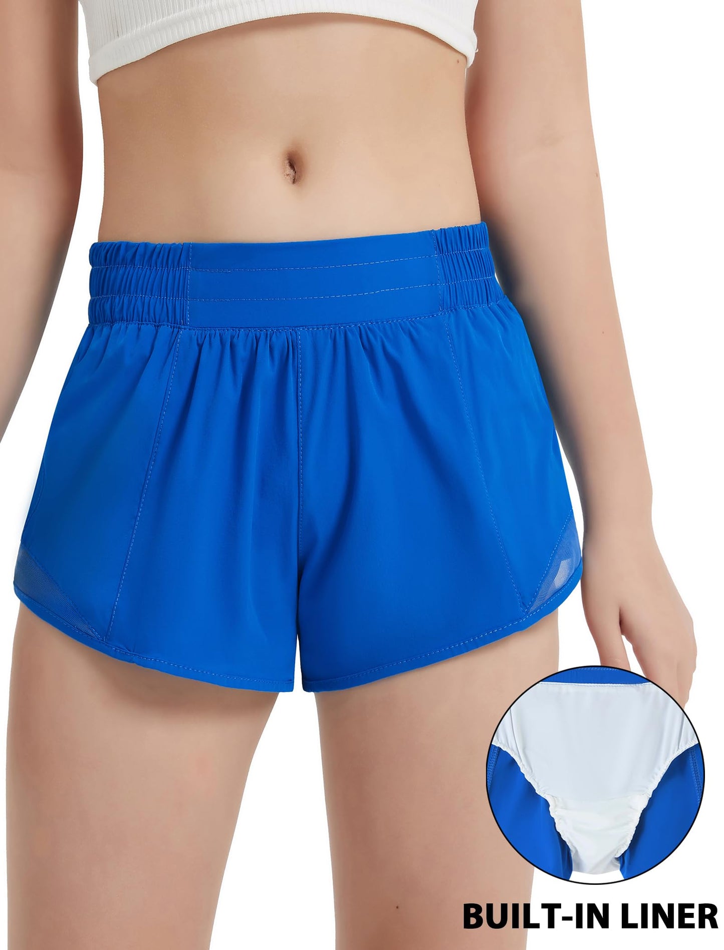 EXARUS 3 Pack Girls Athletic Shorts Running Track Workout with Liner Zipper Pocket Lightweight Elastic Waist Gym Sports 2.5" Black Blue Pink 12Y