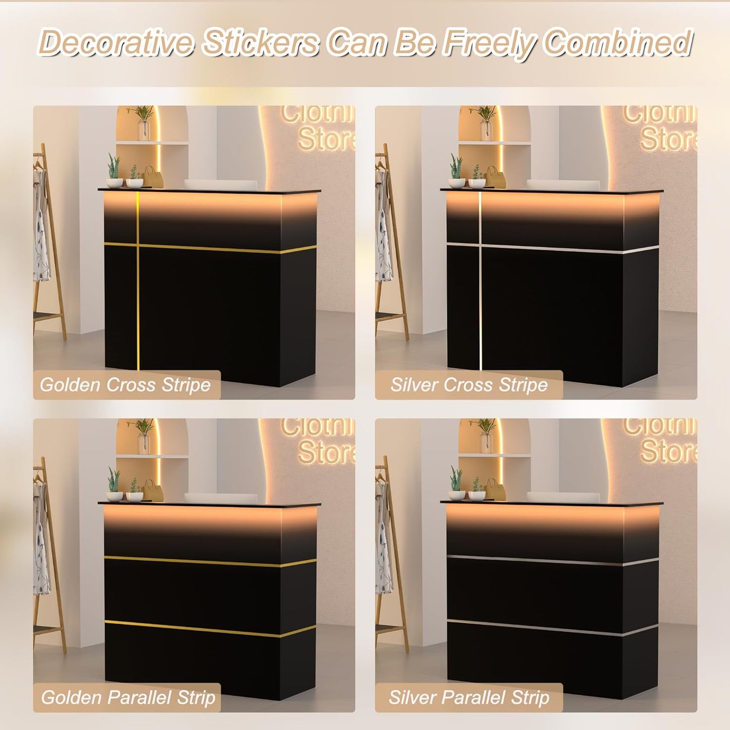 AHB Reception Desk with Counter, Modern Front Table Equipped Lockers & Storage Shelves, 50-inch Checkout Counter with LED Lights & DIY Stripe for Lobbies, Salons, Retail, Home Offices, Reception Room