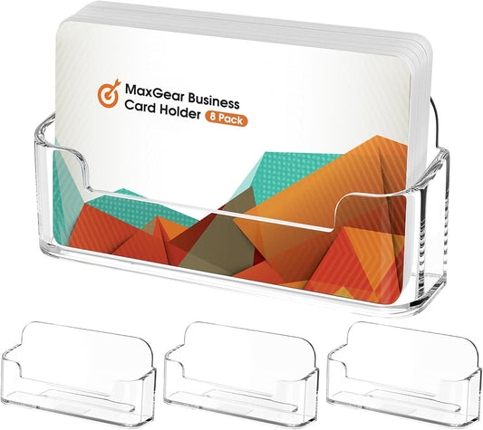 MaxGear 8 Pack Acrylic Business Card Holder for Desk, Clear Plastic Display Stand Fits 50 Business Cards, Elegant Desktop Organizer for Home and Office