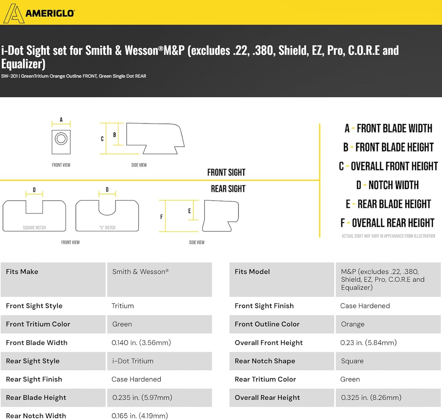AMERIGLO i-Dot Night Sight Set for Smith & Wesson M&P – Front & Rear Green Tritium Lamps