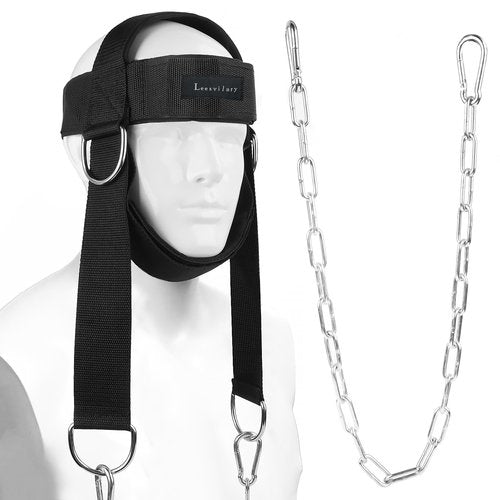 Leesvilary Neck Harness for Weight Lifting Training Head Neck Workout Equipment Neck Exerciser Trainer with Steel Chain and Adjustable Neoprene Strap Neck Strengthener for Home Gym