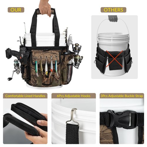 THKFISH Fishing Bucket Organizer for 5 Gallon Bucket, Ice Fishing Bucket Bag with Rod & Plier Holder, Adjustable Fish Protection Bucket Bag with Multi-Pockets for Fishing Gear
