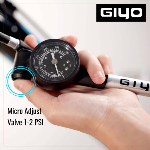 GIYO High Pressure Shock Pump (350 PSI) – Strong Lever Lock for No Air Loss, Aluminum Barrel, 1.5" Dial Gauge, Micro-Adjust Bleeder, 360° Rotating Hose, Taiwan-Made