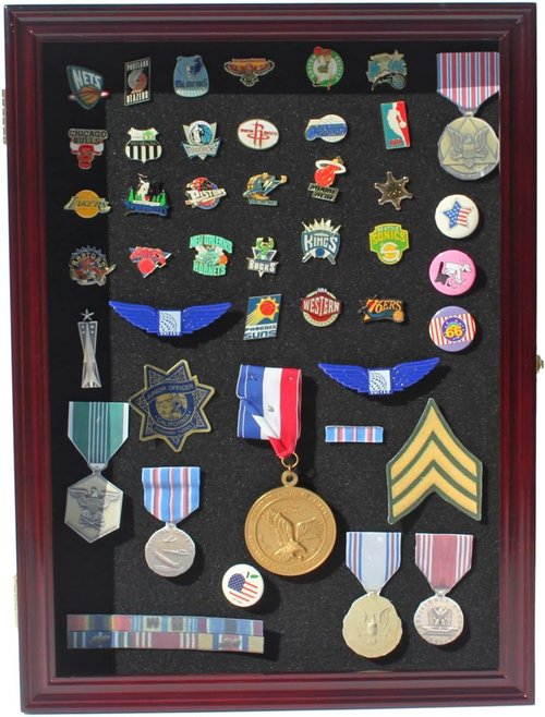 DisplayGifts Collector Medal Lapel Pin Shadow Box Display Case Holder Cabinet Shadow Box PC01 Cherry Finish