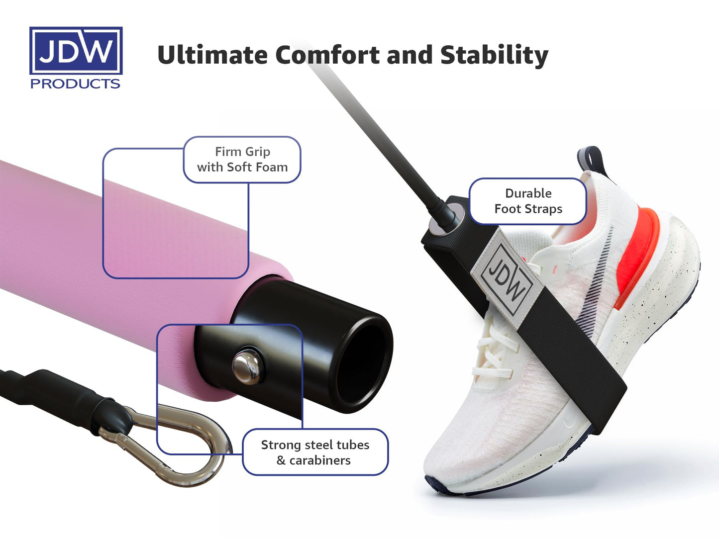 JDW Products Pilates Bar Kit | 2 Standard & 2 Strong Bands for Full-Body Workout | Storage Bag Included | Fitness Equipment for Home Gym, Yoga