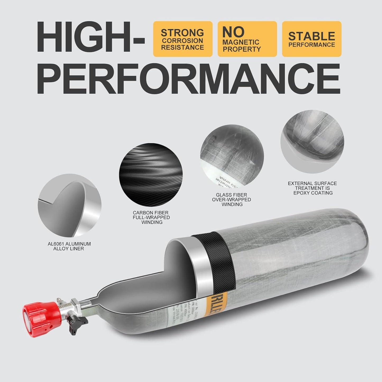 3L 4500psi Carbon Fiber Air Tank & Fill Station for PCP Paintball Scuba SCBA（Empty Bottle） (Red Gauge Tank Kits)