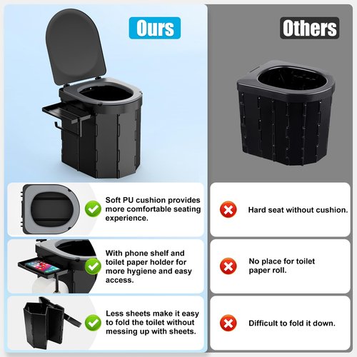 Portable Camping Toilet with PU Cushion, Folding Toilet for Adults with Phone Shelf and Toilet Paper Holder, Camping Porta Potty with Lid for Camping, Hiking, RV Travel, Road Trips