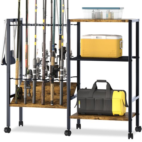Azheruol Fishing Rod Rack Fishing Equipment Organizers With Wheels, Metal Fishing Gear Shelf Up To 12 Rods, Fishing Rod Holders Fishing Pole Storage Cart For Garage Home Entryway Corner