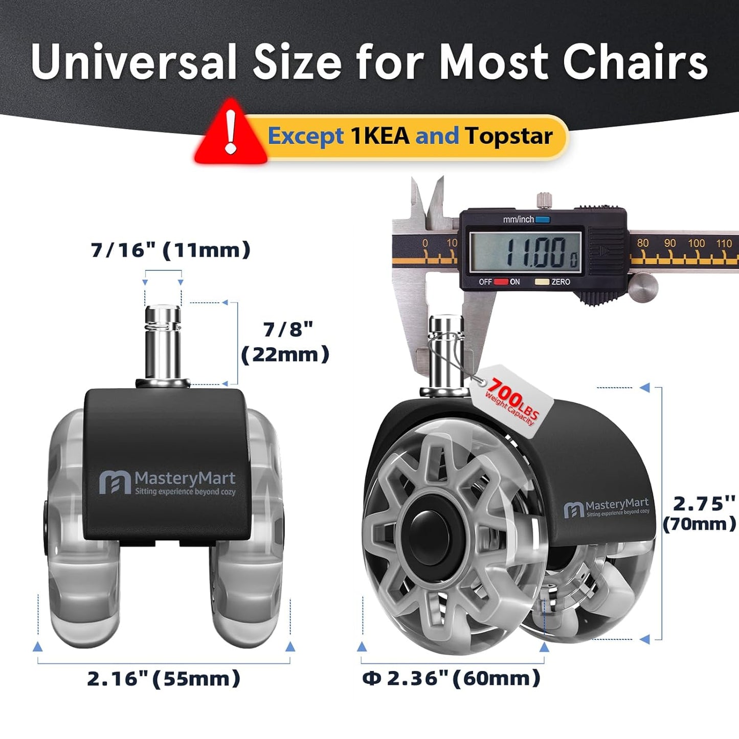 Mastery Mart Office Chair Caster Wheels for Hardwood Floors, Heavy Duty and Quiet Smooth Rollerblade Wheels for Office Chair, Universal Size (11x22mm), Suitable for Most Chairs