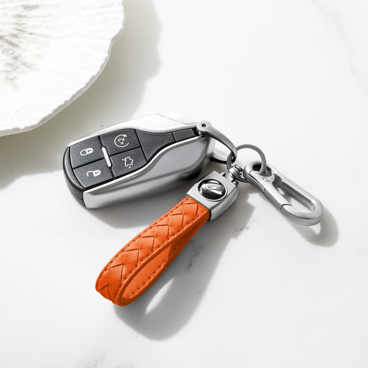 Gkeygo Carabiner Keychain, Universal Heavy Duty Woven Handmade Leather Key Chain, Car Fob Key Keychains with 360 Degree Rotatable Snap Swivel and Anti-Lost D-Ring for Men and Women, Silver - Orange