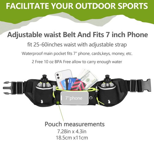 Hydration Running Belt for Women & Men with 2 Water Bottles – Water-Resistant Waist Pack & Phone Holder, No-Bounce Fit for Running, Hiking, Workouts – Bonus Sweatband, Fits All Phones