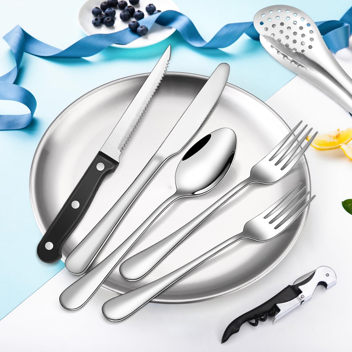 Camping Silverware Kit Cutlery Organizer Utensil Picnic Set - 13 Piece Mess Kit for 2 - Stainless Steel Plate Spoon Clip and Serrated Knife Wine Opener Fork Napkin Hiking - Camp Kitchen BBQ’s