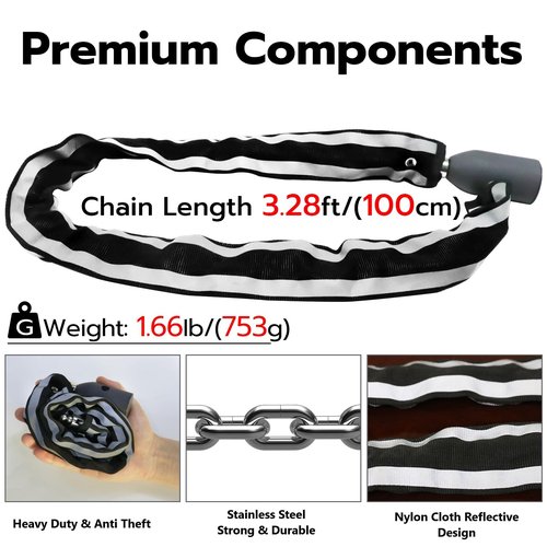 Dhiedas Fingerprint Bike Chain Lock, Bluetooth Bike Lock Waterproof Biometric Keyless Lock Heavy Duty Anti-Theft with 3.3 Feet Long Chain Lock for eBike Scooter Gate Ski Snowboard