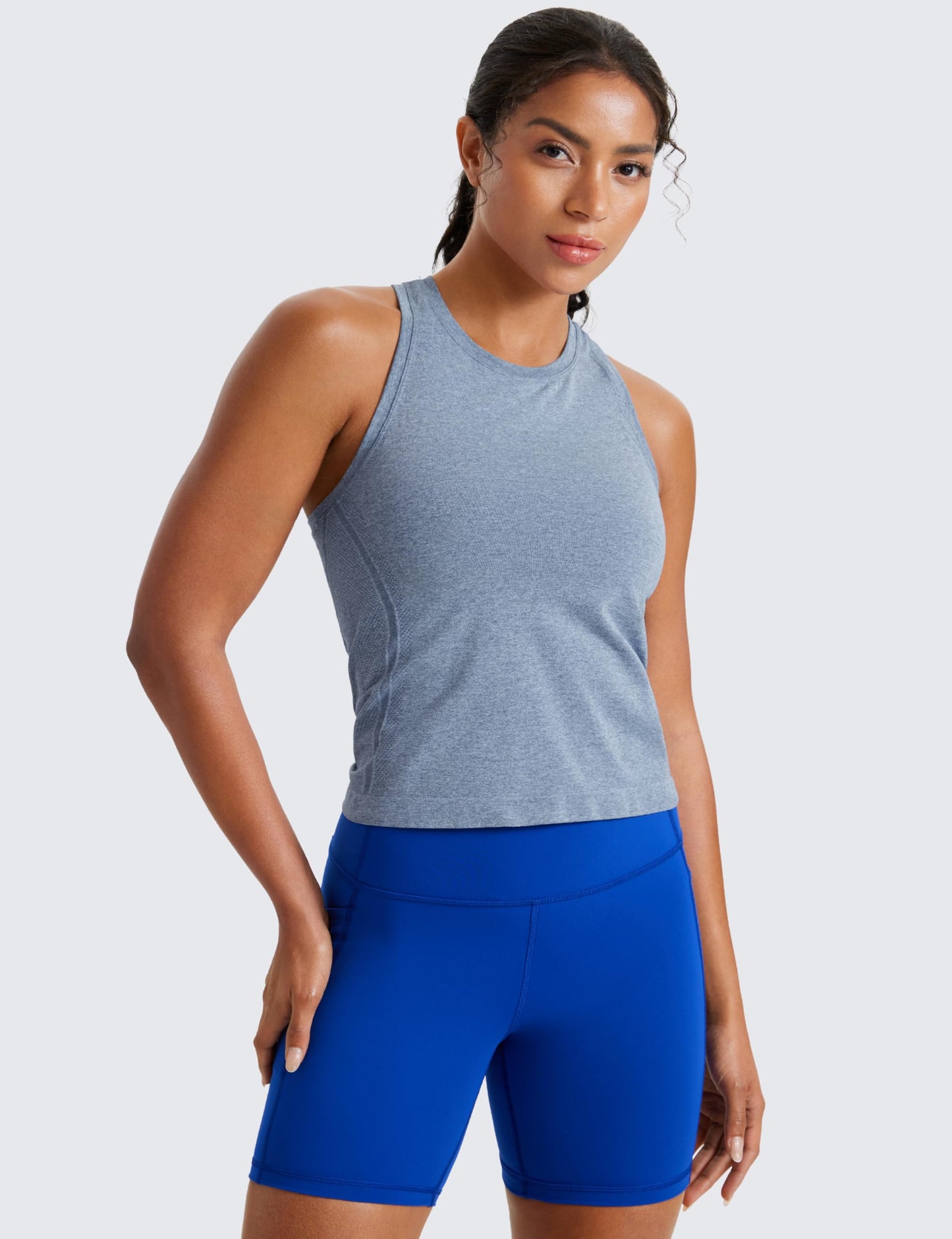 CRZ YOGA Seamless Workout Tank Tops for Women - Athletic Running Gym Sleeveless Shirts Crewneck Racerback Breathable Oasis Blue Heather Large