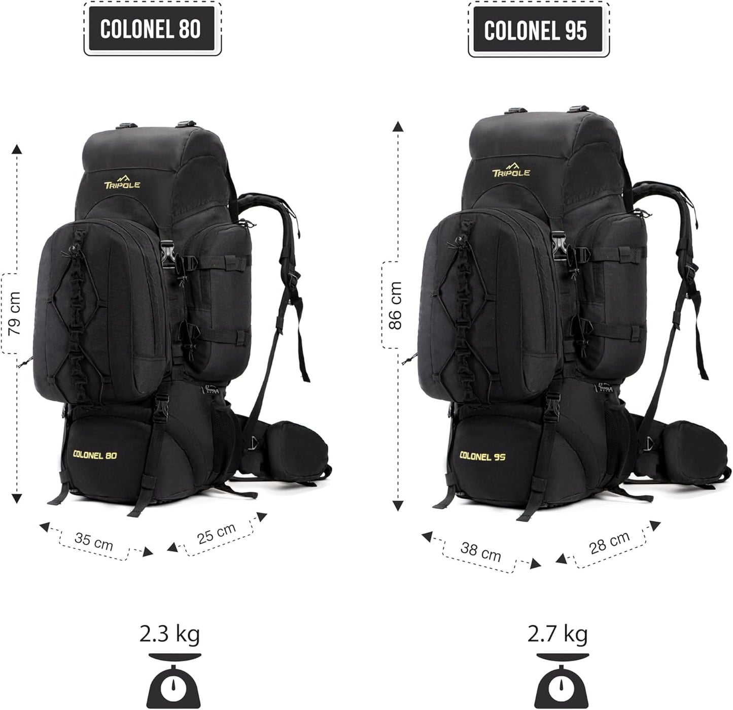 Tripole Colonel 95 Litres Internal Frame Rucksack + Detachable Day Pack, Rain Cover, Black