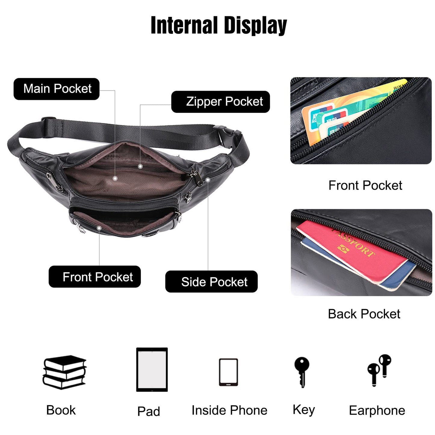 FANDARE Waist Fanny Pack Bumbags for Women Men Sling bag Genuine Leather Chest Crossbody Bag Cover Pack for Hiking Cycling Travelling Outdoor Sport Gym Business Shoulder Bag Black B