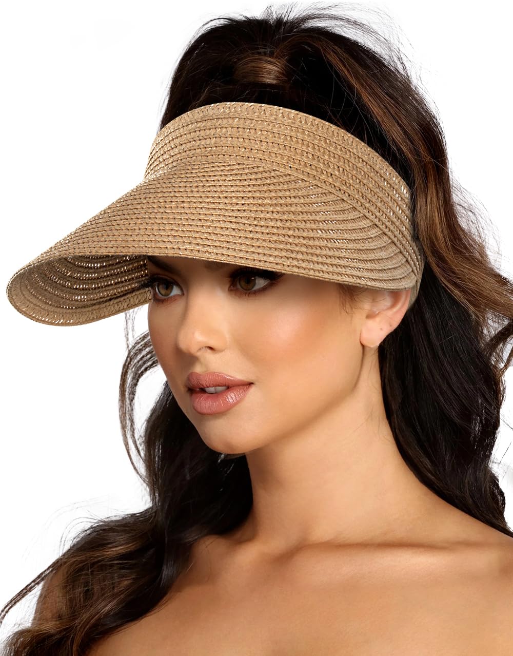 EW EastWater Beach Sun Visor Hats for Women, Wide Brim UPF50+ Sun Protection Straw Hat Packable Foldable for Summer Khaki