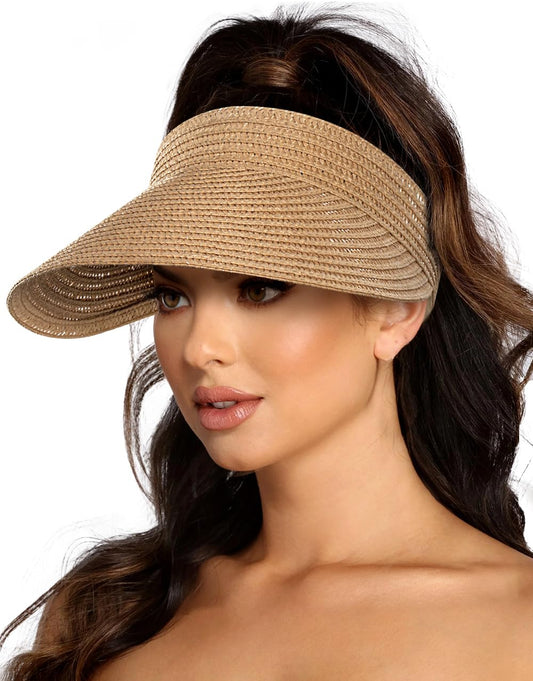 EW EastWater Beach Sun Visor Hats for Women, Wide Brim UPF50+ Sun Protection Straw Hat Packable Foldable for Summer Khaki
