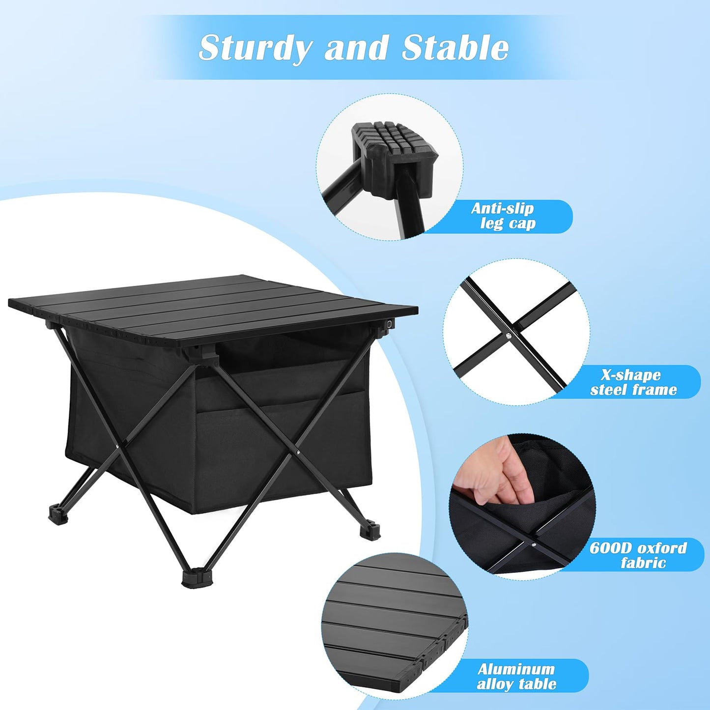 Camping Table Folding Beach Table, Small Folding Table Portable with High-Capacity Storage and Carry Bag for Outdoor Camping, Traveling, Hiking, Fishing, Beach, BBQ, Picnics, Cooking, Black
