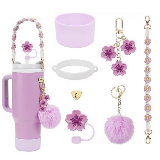 7pcs Cup Charms for Stanley Cup Accessories, Straw Cover Cap & Water Bottle Silicone Boot for Stanley Cup 30oz or 40oz Tumbler Cup Accessories, Handle Strap with Flower Charms for Stanley Cup(Purple)
