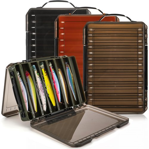 Noamus 3 Pack Double Sided Fishing Lure Boxes, 14 Compartments Fishing Tackle Organizer with 2 Buckle, Plastic Clear Storage Case, Visible Hard Bait Container for Jewelry Beads Earring Hook(3 Color)