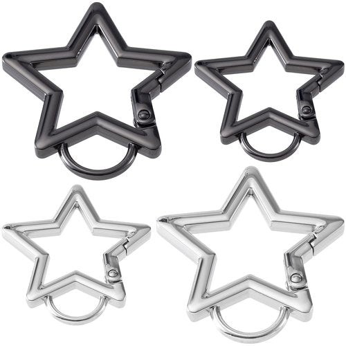 OIIKI 4 PCS Star Shaped Keychain Clip Carabiner, Zinc Alloy Star Carabiner Clip, Carabiner Keychain Clip, 2 Sizes Cute Carabiner for Keys, Wallet, Hiking, Fishing - Black, Sliver - 1.3 in, 1.61 in